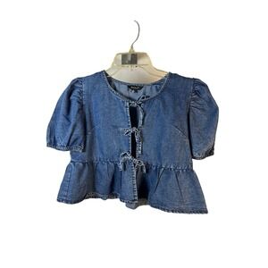 SIM & SAM Denim Puff Sleeve Peplum Tie Front Top Womens Size S